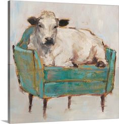 a painting of a cow sitting in a chair