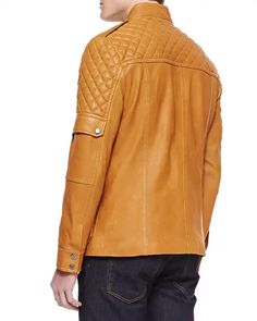 Genuine Leather Jacket Tailor Made All Sizes Lambskin Cognac Multi Pockets | eBay Designer Brown Leather Jacket With Button Closure, Luxury Brown Long Sleeve Biker Jacket, Luxury Quilted Leather Jacket With Long Sleeves, Designer Fall Biker Jacket With Pockets, Designer Brown Biker Jacket For Fall, Classic Cognac Leather Jacket With Long Sleeves, Classic Long Sleeve Leather Jacket In Cognac, Cognac Leather Outerwear For Winter, Cognac Leather Winter Outerwear