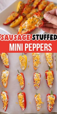 sausage stuffed mini peppers on a baking sheet with cheese and tomatoes in the background,