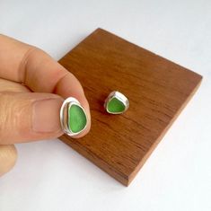 Lime Green Sea Glass Stud Earrings made in Sterling Silver - Sea Glass Collection Handmade Sea Glass Green Earrings, Green Sea Glass Earrings For Gift, Sea Glass Collection, Silversmithing Jewelry, Beach Glass Crafts, Jewelry Ocean, Sea Glass Ring, Green Glass Bottles, Silver Sea