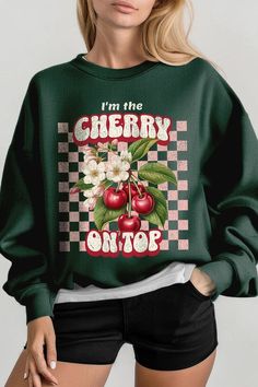 I'm the Cherry on Top Graphic Fleece Sweatshirts.Unisex Crew Neck Long Sleeve Sweaters Knits.Crafted from premium materials, tailored to your lifestyle, ensuring a comfortable fit for any occasion.Family Group Uniforms Birthday Party Gift Concert Festival Events.High Quality Direct To Film Printed Graphic Design.50%COTTON,50%POLYESTERNICARAGUAMade In: Nicaragua Trendy Green Winter Sweatshirt, Green Winter Sweater With Letter Print, Green Letter Print Sweater For Winter, Green Retro Winter Tops, Retro Green Winter Tops, Green Long Sleeve Sweatshirt For Fall, Retro Green Tops For Fall, Green Graphic Print Top For Fall, Green Winter Tops With Ribbed Cuffs