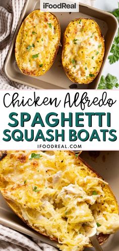 chicken alfredo spaghetti squash boats in a baking dish with parsley on the side and text overlay