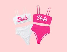 TWO PIECE SET | Bride And Babe barbie bachelorette party swimsuit ——————————————————————- *DUE TO PRODUCTS BEING MADE TO ORDER ALL SWIMWEAR IS FINAL. NO EXCHANGES OR REFUNDS * Bachelorette Bathing Suits, Bride Swimsuit, Bachelorette Party Items, Bride Bathing Suit, Barbie Bachelorette, Bachelorette Cups, Hot Pink Swimsuit, Bachelorette Party Cups, Bachelorette Ideas