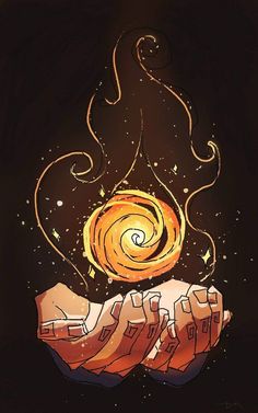 a drawing of two hands holding something in the air with an orange swirl coming out of it