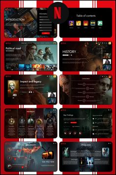 a red and black web page with many different screens