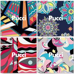 four different patterns with the words pucci on them in multiple colors and shapes, including black, white, pink, blue, green, orange