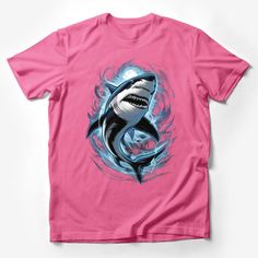 Men's Graphic Shark Tee, Cool Ocean Predator Design, Blue Swirl Shark Illustration T-Shirt, Unique Aquatic Animal Shirt Male T-Shirt Custom graphic T-Shirt.Customize your color Graphic Tee With Shark Design And Crew Neck, Blue Short Sleeve T-shirt With Shark Design, Shark Illustration, Shark Tee, Cool Sharks, Avocado T Shirt, Hipster Tops, Shark Shirt, Shark T Shirt