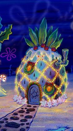 a painting of a pineapple house with lights on it