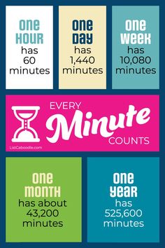 a poster with the words every minute counts in different colors and font styles, including one hour