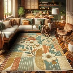 a living room filled with lots of furniture next to a large rug on top of a hard wood floor