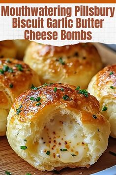 Savor the flavor of these Mouthwatering Pillsbury Biscuit Garlic Butter Cheese Bombs, a delightful blend of fluffy biscuits, rich garlic butter, and gooey melted cheese. Perfect as a snack, appetizer, or side dish, these cheesy bombs are irresistibly delicious and incredibly easy to make. Ideal for parties, family gatherings, or whenever you crave a cheesy treat! Bisquick Muffins, Pillsbury Biscuits, Cheesy Appetizer, Fluffy Biscuits, Flaky Biscuits, Bombe Recipe, Biscuits Easy, Crescent Roll Recipes, Butter Cheese