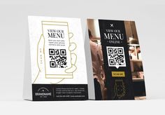 two business cards with qr - code designs on the front and back, one for a restaurant