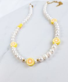 Yellow Beaded Pearl Necklace, Summer Pearl Necklace With Pearl Charm, Trendy Yellow Beaded Necklace For Summer, Summer White Jewelry With Fruit Design, Summer Fruit Design White Jewelry, Yellow Choker Necklace For Summer, Yellow Summer Choker Necklace, White Pearl Choker For Summer, White Pearl Choker Necklace For Summer