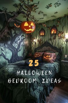 a bedroom decorated for halloween with pumpkins and trees