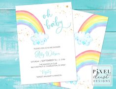 the rainbow baby shower is on display in front of a blue wooden background with white clouds