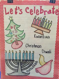 a sign that says let's celebrate with candles and a christmas tree