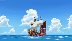 an animated pirate ship floating in the ocean