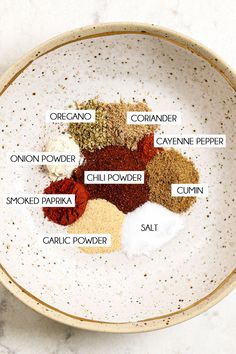 spices in a bowl labeled with their names on the top and below it are salt, pepper, cayenme peper, cumle, garlic powder, paprika, clamp,