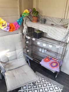 a chair sitting next to a shelf filled with potted plants