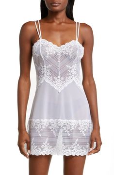 Wacoal 'Embrace' Lace & Mesh Chemise | Nordstrom Coquette Chemise With Spaghetti Straps For Wedding Night, Fitted Party Chemise With Spaghetti Straps, Sleeveless Lace Chemise For Party, Fitted Chemise With Spaghetti Straps For Party, Sleeveless Chemise With Delicate Straps For Wedding Night, Wedding Night Sleeveless Chemise With Delicate Straps, Wedding Night Chemise With Delicate Straps, Sheer Spaghetti Strap Camisole For Wedding Night, Stretch Lace Camisole With Straps