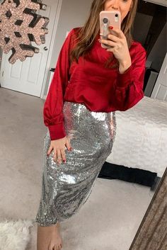 Satin Shirt With Sequin Skirt, Silver Sequin Skirt Outfit Christmas, Holiday Luncheon Outfit, Red And Silver Outfit, Red Sequin Skirt Outfit Holidays, Party Season Silver Sequined Skirt, Womens Red Glitter Skirts