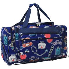 "23\" NGIL Navy Nurse Duffle Bag Great for a weekend travel bag. Duffel Bag Description: Great for short trips! Soft Canvas Construction Zip Around Top Closure 2 Outside Zip Pockets Plastic Feet on Bottom Double Handles with 10\" Drop Detachable Adjustable Shoulder Strap 23\" Wide x 12.5\" Tall x 10.5\" Deep ORDERING INFORMATION Please put the following information in the \"Notes to Seller\" at checkout: 1. Name for Personalization 2. Please let me know what color of thread you would like. 3. Pl Toddler Travel Bag, Nurse Grad Gift, Nurse Travel, Canvas Duffle Bag, Sleep Over, Weekend Travel, Travel Nursing, Dance Bag, Duffel Bags