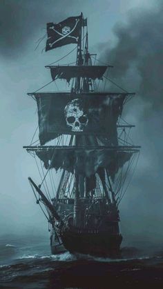 a pirate ship sailing in the ocean with a skull on it's mast and flag