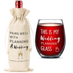 this is my wedding planning glass and wine bag next to each other on a white background