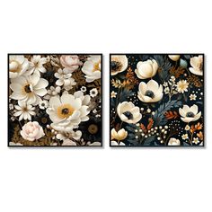 two paintings with flowers and leaves on them, one in black and the other in white