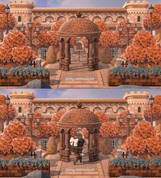 two different images of a man and woman in front of a gazebo surrounded by orange trees