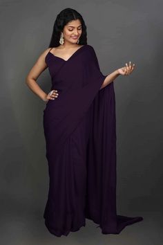 Shop Tyler Deep Purple Satin One Minute Saree at best offer at our Saree Store Brinjal Colour Saree, Dark Purple Saree Blouse Combination, Purple Plain Saree, Dark Colour Saree, Purple Saree Look, Purple Satin Saree, Persona Profile, Cocktail Party Wedding Reception, Plain Georgette Saree