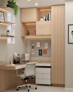 an office area with desk, chair and shelves on the wall next to bookshelves