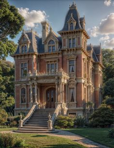 an old victorian style house with stairs leading up to it