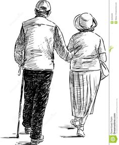 an elderly man and woman walking down the street hand in hand, black and white drawing