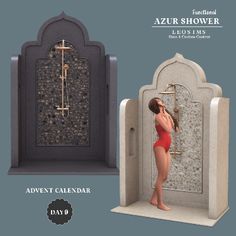 an advertisement for the azur shower, featuring a woman in a red bathing suit