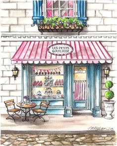 a watercolor painting of a cafe with pink awnings and blue shutters