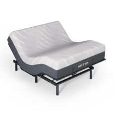 an adjustable bed frame is shown with the mattress on it's bottom and side