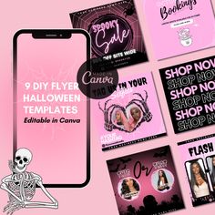 a cell phone with two different halloween templates on the front and back cover, along with an image of a skeleton holding a cup