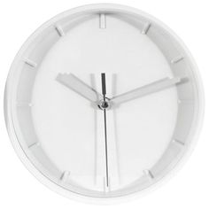 a white clock with black hands on a white background