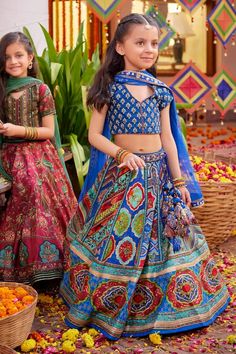 Royal blue and multi cored attached cancan lehenga with all-over floral Mughal patters. Comes with floral pattern, beads and sequin work blouse and pink dupatta. - Aza Fashions Blue Sets With Kalamkari Print And Traditional Drape, Festive Kalamkari Print Sets, Multicolor Festive Sets For Navratri, Blue Wedding Sets For Festivals, Blue Kalamkari Print Wedding Set, Blue Kalamkari Print Sets For Festive Occasions, Blue Kalamkari Print Set For Wedding, Blue Saree Set With Kalamkari Print, Blue Kalamkari Print Festive Sets