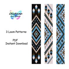 three different patterns on the front and back of an armband with text that reads 3 loom patterns