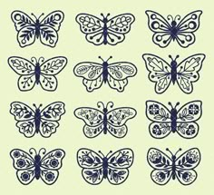 the butterfly silhouettes are drawn in blue ink on a light green background, each with different