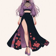 a drawing of a woman with long hair wearing a purple dress