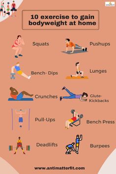 an exercise poster with the words 10 exercises to gain bodyweight at home