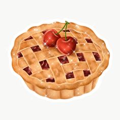 two cherries sitting on top of a pie with latticed crust and toppings