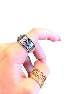 Persian calligraphy ring. It's a special gift for yourself or your loved ones. This product is designed in the USA.  Wring is in Persian ؛مرغ باغ ملکوتم نیم از عالم خاک؛ The ring is adjustable in size. Material is 316l stainless steel & 24k gold plated/Silver plated with blue natural turquoise stone. The smallest size is US 7 and it can be adjusted and changed size for a larger opening. Persian Calligraphy, Natural Turquoise Stone, Color Ring, Natural Turquoise, Gold Plated Silver, Adjustable Ring, Turquoise Stone, Adjustable Rings, Special Gift