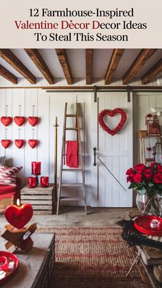 a living room filled with lots of red furniture and decor on top of a wooden floor