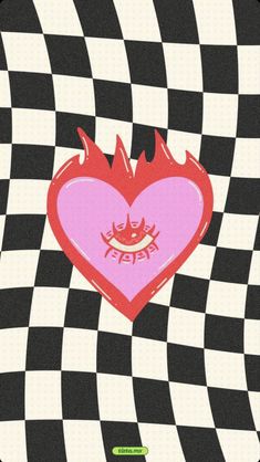 a red heart on a black and white checkered background