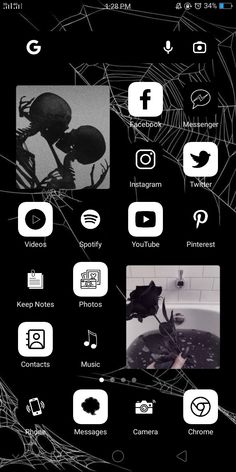 an iphone screen with various icons and pictures on the phone's front panel, including spider webs