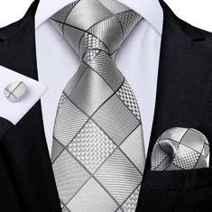 Silver Squares Tie Set - SOPHGENT Luxury Men's Suit And Tie Accessories For Work, Luxury Men's Suit And Tie Accessories For Semi-formal Occasions, Luxury Satin Ties, Business Ties With Satin Finish, Luxury Men's Neckwear With Inside Ties, Luxury Semi-formal Neckwear With Ties, Men Wedding Accessories, Luxury Semi-formal Ties With Pocket Square, Wedding Party Accessories